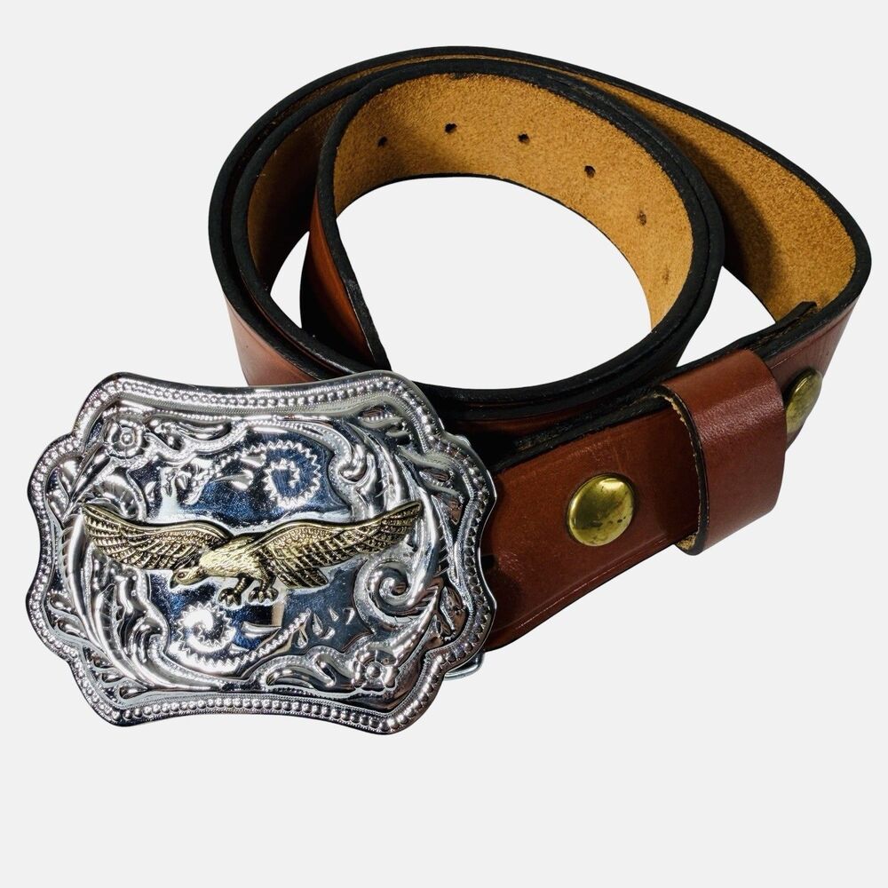 Eagle Belt Buckle Genuine Leather Belt Removable Buckle USA Western Sz 36 Medium